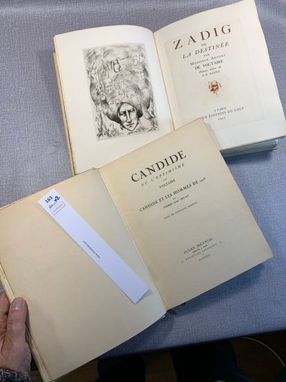 null Voltaire. Un ensemble de 2 volumes reliés vélin et numérotés : Candide, illustré...