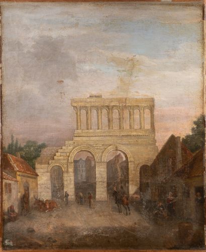 null Ecole française vers 1800

Vue d'une porte de ville en arc de triomphe à l'Antique

Huile...