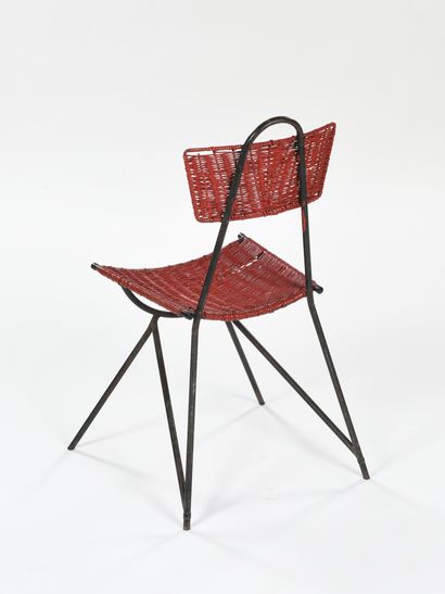 null FRENCH WORK 

Pair of chairs with black lacquered metal structure and red repainted...