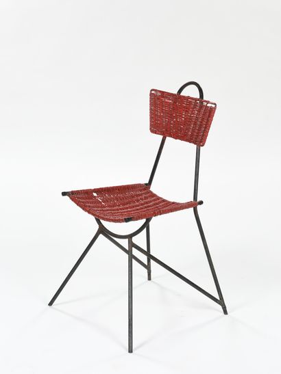 null FRENCH WORK 

Pair of chairs with black lacquered metal structure and red repainted...
