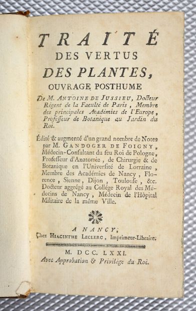 null JUSSIEU (Antoine de) : Traité des vertus des plantes, ouvrage posthume , édité...