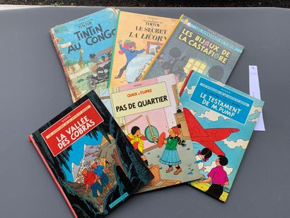 Hergé. Un lot de 6 albums : Tintin, Quick...