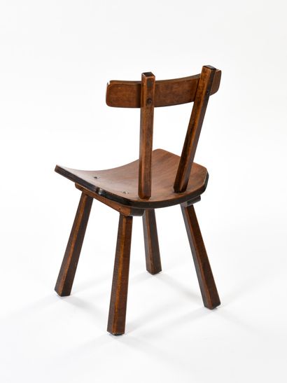 null MOUNTAIN WORK

Pair of chairs with curved plywood back and seat in dark stained...