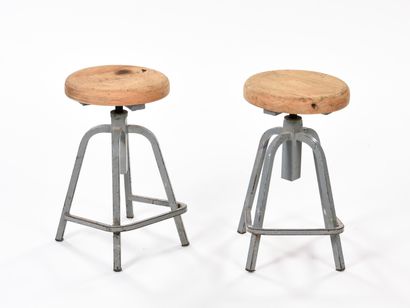 null INDUSTRIAL WORK 1950

Pair of quadripod trade stools with circular wooden seat...