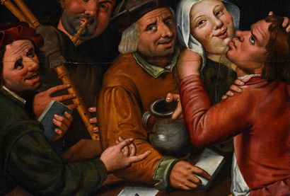  Ecole flamande du XVIIe, suiveur de Jan Massys 
Joyeuse compagnie : joueurs de cartes...