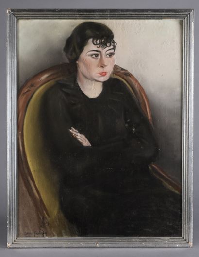 null École FRANÇAISE 1930

Portrait de femme assise au fauteuil, pastel sur papier,...