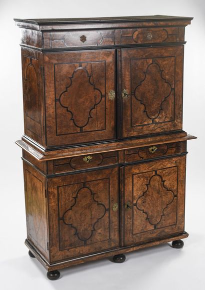 null Large rectangular cabinet in burr wood veneer inlaid with ironwork in mahogany...