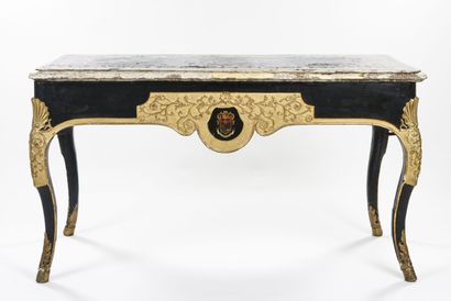 null Important console in carved and gilded wood, black lacquered 

Stone top inlaid...