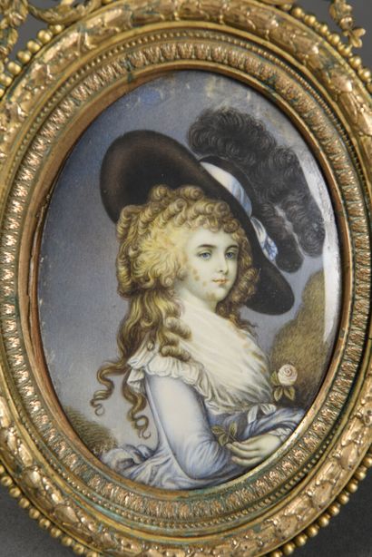 null Oval miniature on ivory pastille after Thomas GAINSBOROUGH, the Duchess of Devonshire

brass...
