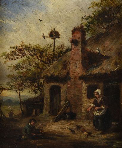 null Flemish school 19th century

P V VELDEN

Farmyard

Genre scene with musicians

Oil...