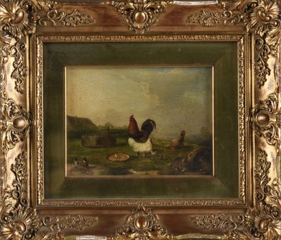 null François Van DEVERDONK (1848-1875)

Basse-cour avec poules et lapin 

Huile...
