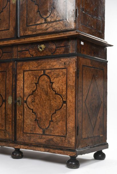 null Large rectangular cabinet in burr wood veneer inlaid with ironwork in mahogany...