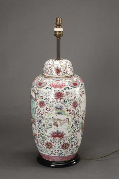 null China important baluster vase mounted in lamp decorated with enamels of the...