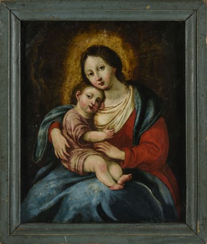  Ecole française du 18ème siècle, 
Vierge à l'enfant 
Huile sur cuivre, 
22 x 17...