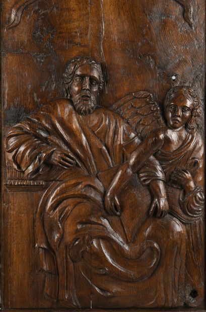 null Panneau de Boiserie en chêne, sculpté en relief de Saint Jean et l'Ange.

17ème...