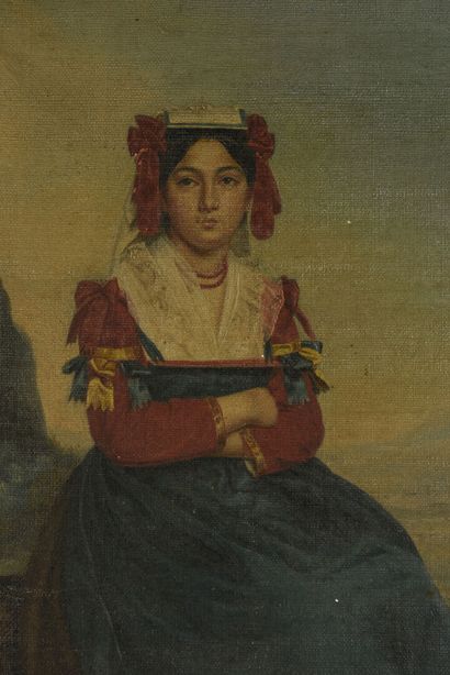  Jeune femme italienne assise dans un paysage 
Huile sur toile 
Signé en bas à gauche...