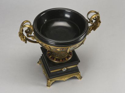 null Cup on high foot "tazza" in black marble underlined by a net of cloisonne bronze....