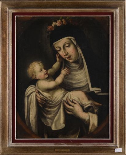 null Ecole française 17ème siècle

Sainte couronnée de fleurs avec Enfant Jésus

Huile...