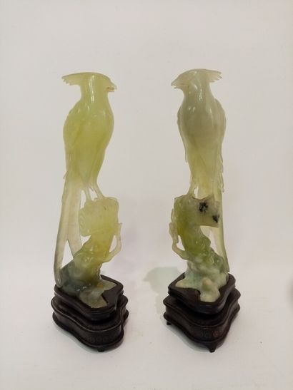  CHINE, Paire d'oiseaux en jadéite vert pâle 
H. 23 cm