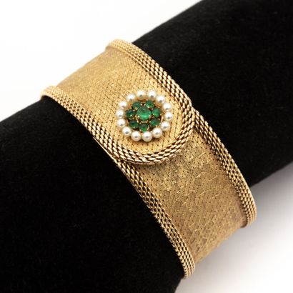 null Bracelet ruban en or jaune (750) 18K. Fermoir couronne de perles et d'emeraudes...