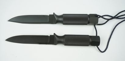  Deux couteaux droits, entièrement en métal noir, manche rond creux avec bouchon...