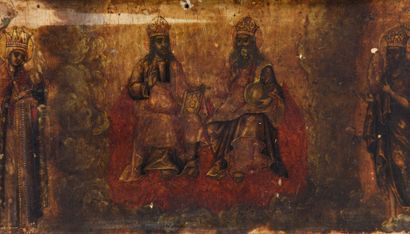 null Icone peinte sur panneau Christ Pantocrator tronant à la droite de Dieu le père

Monture...