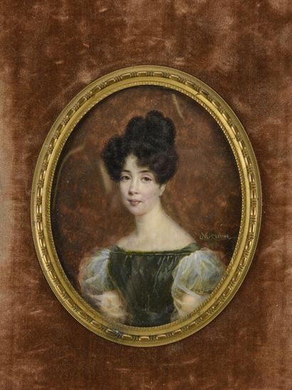 null François MEURET(1800-1887)

Portrait de femme à la robe de velours vert,

Miniature...