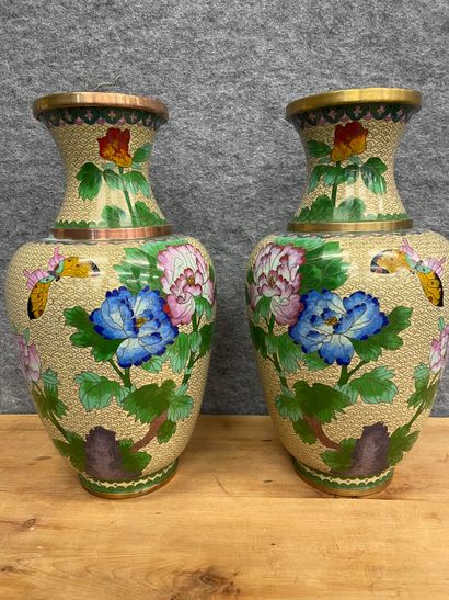 null Paire de vase balustre en bronze cloisonné à décor de papillons et pivoines

H:...