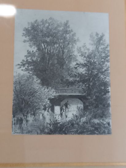  SMITH 
Payasge au pont 
Signée en bas à gauche daté 1878 
Encadrée 
11 x 8.5 cm