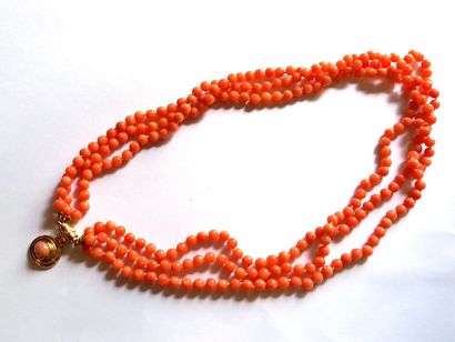 null Twisted necklace with three rows of coral pearls centered on a yellow gold clasp,...