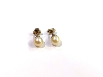 null Pair of 18K (750) white gold earrings with a cultured pearl. Secured push buttons...