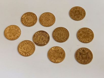 null 10 pièces 20F or (5 Napoleon III lauré, 4 Napoleon III, 1 Marianne)