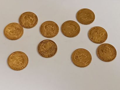 null 10 pièces 20F or (5 Napoleon III lauré, 4 Napoleon III, 1 Marianne)