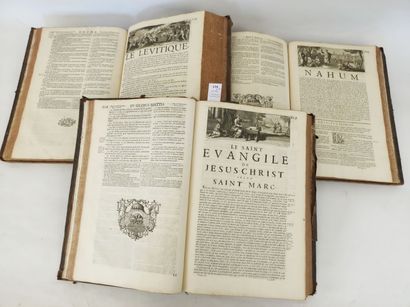 null La Sainte Bible en latin et en français. 3 volumes in-folio reliés plein cuir....