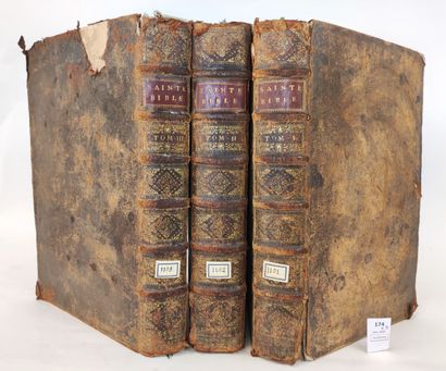 null La Sainte Bible en latin et en français. 3 volumes in-folio reliés plein cuir....