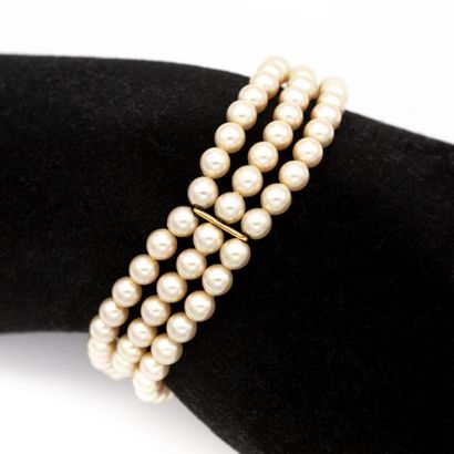 null Bracelet composé de trois rangs de perles d'imitations de même diamètre coupés...