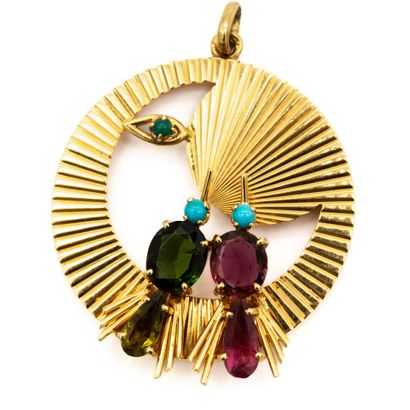 null Circular pendant in 18 K (750) yellow gold, radiant, with two birds in green...