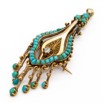 null Pendentif ou broche en or jaune 18 K (750) goutte bordée de turquoises, au centre...