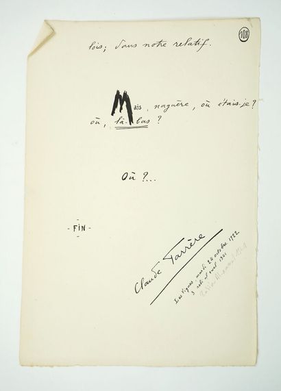 null [Manuscrit] FARRERE (Claude) : Où ? Manuscrit daté de 1922, publié dans le recueil...