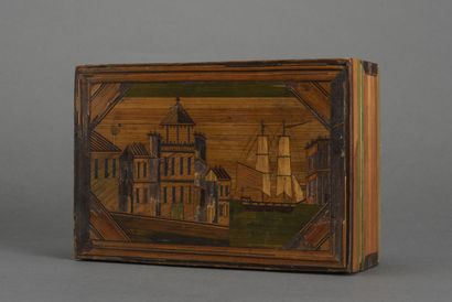 null Straw marquetry box decorated with a boat at anchor in a port
19th century
H...