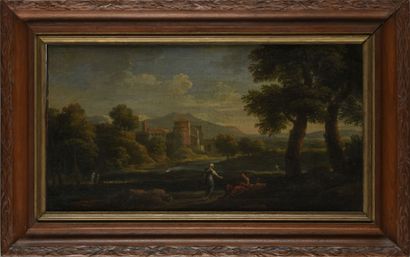 null Jan Frans Van BLOEMEN 
Paysage classique avec château et personnage 
Huile sur...