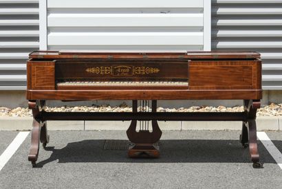 null ERARD mahogany veneered pianoforte, resting on two X-shaped legs connected by...