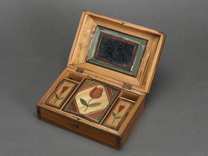 null Straw marquetry box decorated with a boat at anchor in a port
19th century
H...