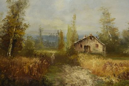 null Alfred GODECHAUX (1860-1938)
Paysage au chalet 
Huile sur toile, signée et datée...