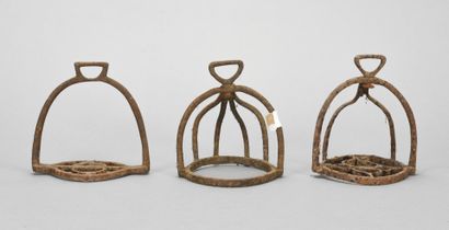 null Suite of three stirrups including two wrought iron cages 
18th century
