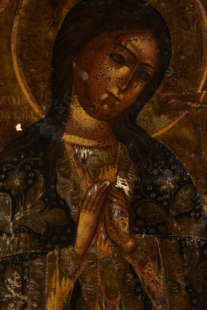 null Icône russe 
Sainte Marie Madeleine en prière
Tempera sur panneau de bois 
19ème...