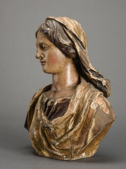 null Buste de Sainte Femme, en bois polychrome sculpté et doré 
Travail italien 19ème...