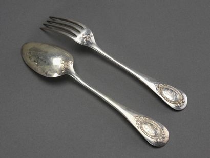 null Thirteen forks and twenty-eight spoons in silver uniplat model the spatula is...