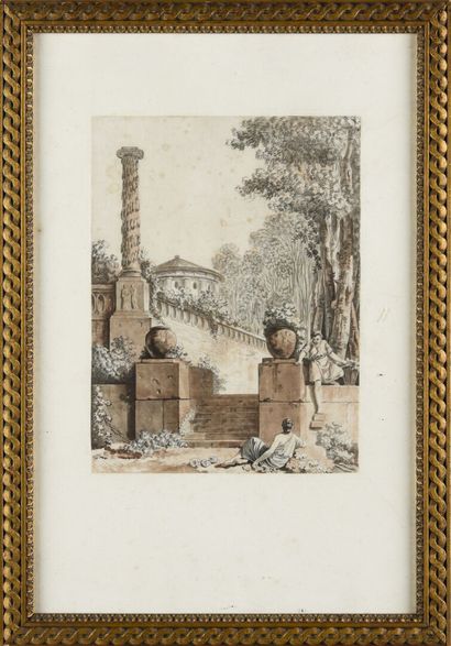 Pair of drawings 
Italian classical landscape
Ink...