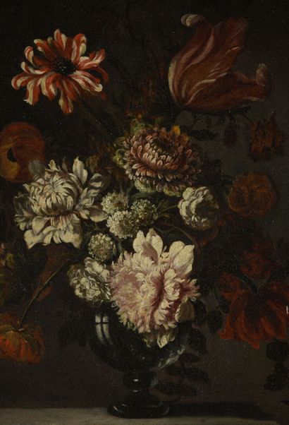 null Ecole hollandaise 18ème siècle
Bouquet de fleurs dans un vase en verre 
huile...